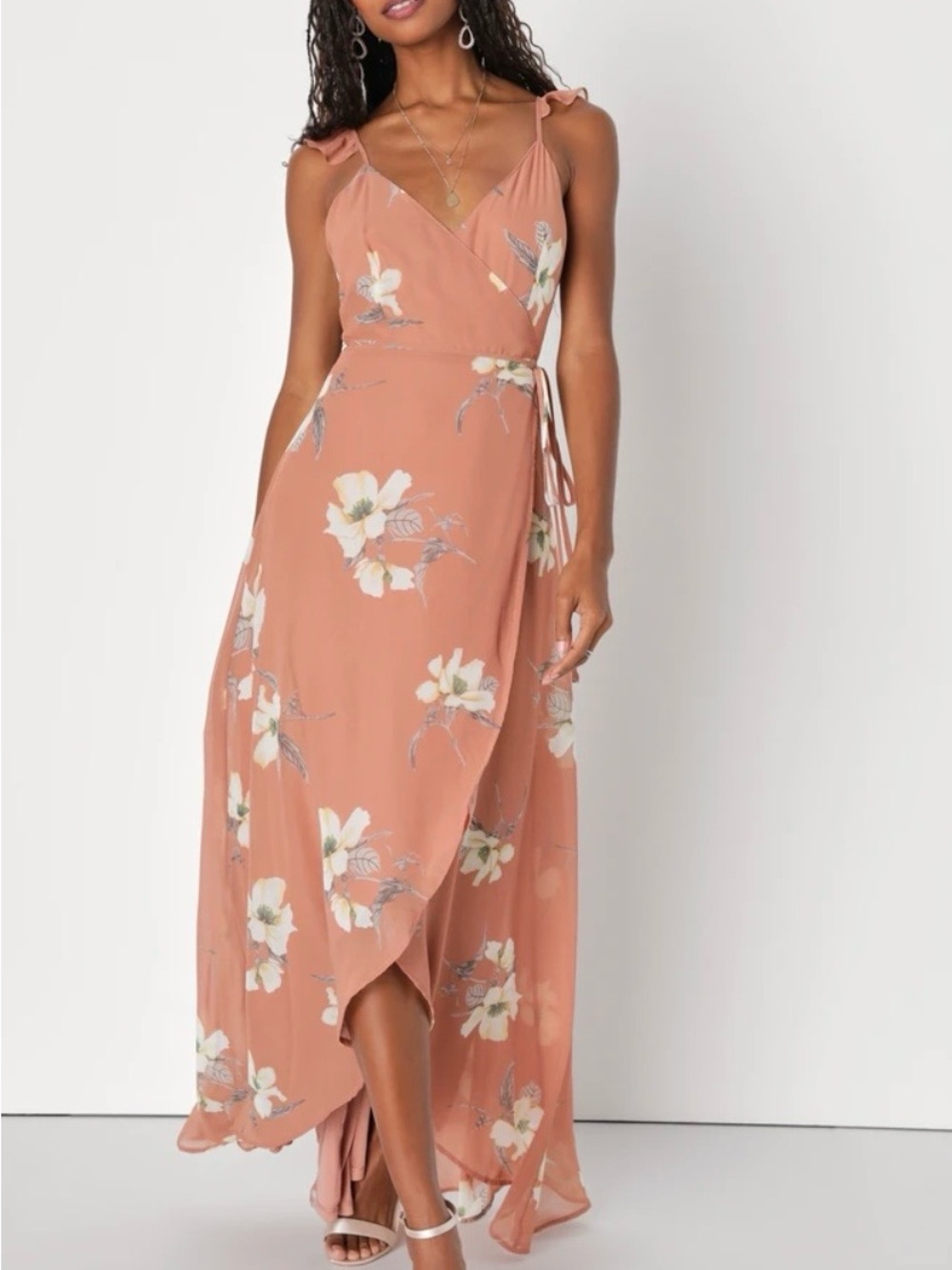 Lulu's Dusty Rose Floral Wrap Maxi Dress